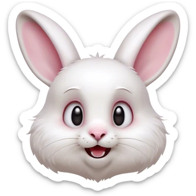 Cinematic Comical White Rabbit Portrait Emoji, Head tilted dramatically with an exaggeratedly amused expression, featuring a pristine white fur with perky, expressive ears and wide, playful dark eyes filled with disbelief, Simplified yet hilariously expressive features, highly detailed, glowing with a slightly sassy glow, high shine, dramatic yet playful, stylized with an air of cheeky mischief, bright and endearing, soft glowing outline, capturing the essence of a spirited and over-the-top bunny, so meme-worthy it feels like it could side-eye its way into internet fame instantly! sticker