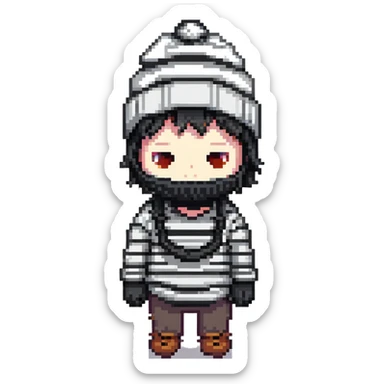 character with black and white striped shirt, black beanie, black mask over eyes sticker