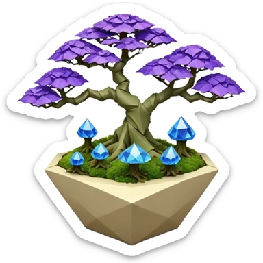 Futuristic wild glowing et alien moss maples Bonsai hair-fine-leaf group multi faceted crystal boxwood purple and cream rose blue informal rocky cliffhanger eight trees forest planting in shallow origami slab style pot with big anthropomorphic feet  sticker