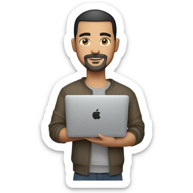 mexican man buzz cut hair with black stubble beard and black eyes in casual clothes, holding macbook laptop. sticker
