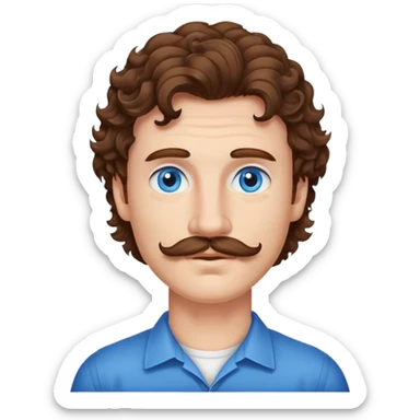 Man with brown hair, blue eyes, curly mullet and a mustache sticker