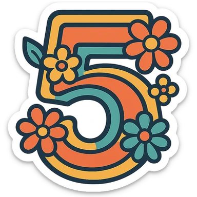 number 5 in a retro 70s style, outlined with floral patterns sticker