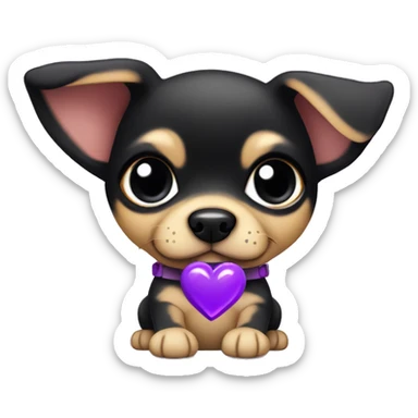 black & tan chihuahua puppy with a purple heart sticker
