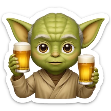 3D emoji-style Yoda head holding a beer glass in one hand. Smooth rounded shapes, soft gradients, friendly expression. Golden beer with foam in transparent glass. Close-up, centered. PNG, transparent background. sticker