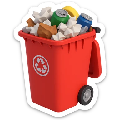 Make the red trash bin overflowing with garbage, keep the 3D emoji style, no background. sticker
