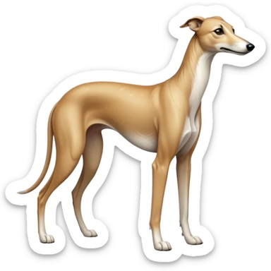 cinematic-[fawn greyhound]-realistic-full-body-standing-emoji,-tail-resting-loosely-beside-its-paws,-head-tilted-dramatically, -sleek-[light fawn]-fur,-simplified-yet-realistic-focused-features,-highly-detailed,-glowing-with-an-almost-sarcastic-glow sticker