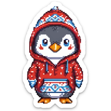 penguin wearing a red paisley pattern hoodie sticker