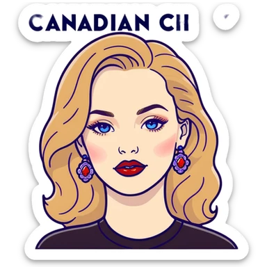 Female with Pale skin wavy long brown blonde hair crystal blue eyes bigger lips wearing red matte lipstick. wearing a black long sleeves the phrase Canadian Chick writing on the front in a red and purple colored font and large 24k gold earrings sticker