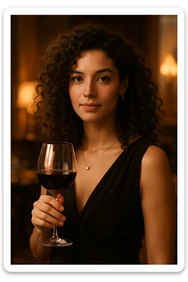 A woman with curly hair holding a glass of wine sticker