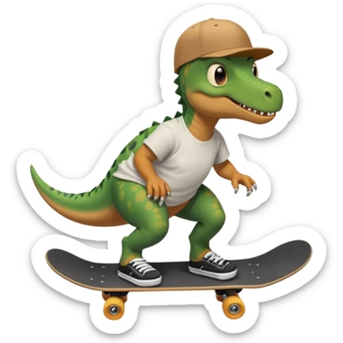 Dinosaur skateboarding at the skate park wearing a t-shirt and doing six seven sticker