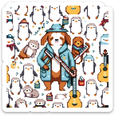 sleepy, fashionable musician character surrounded by dachshunds, penguins, and sloths sticker