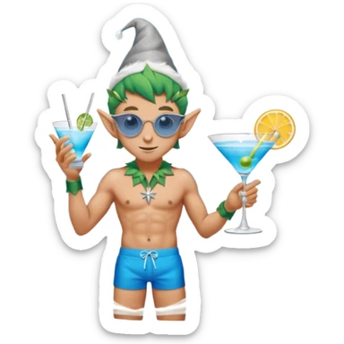 elf male in stylish blue swim trunks, palm extended over cocktail glass, conjuring swirling frost and mist to chill it, silver aviator sunglasses, pointy ears, confident smirk, minimalist beach bar backdrop, centered emoji, summer magic sticker