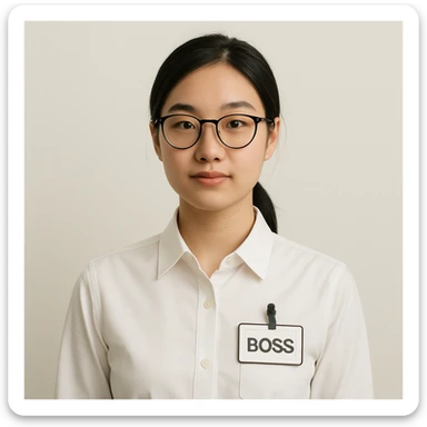 Asian girl wearing glasses, white shirt with boss's work tag, clean background, minimalistic style sticker