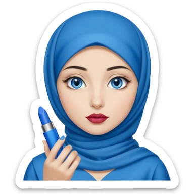 Turkish beautiful finish Konya girl blue eyes with blue hijab islamic dress and had on her hand blue ysl lipstick and hold it sticker