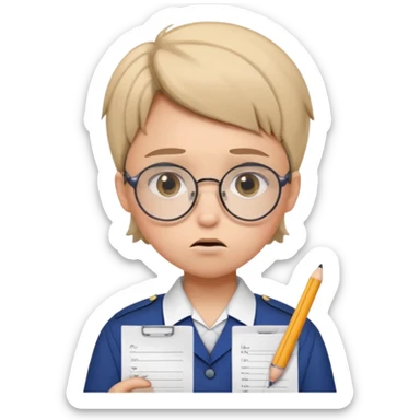 Frowns with Glasses, Angry Student: Teen in uniform, round glasses, holding test paper, pouting
 sticker