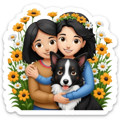 A girl happily hugs a black and white border collie in the flowers sticker