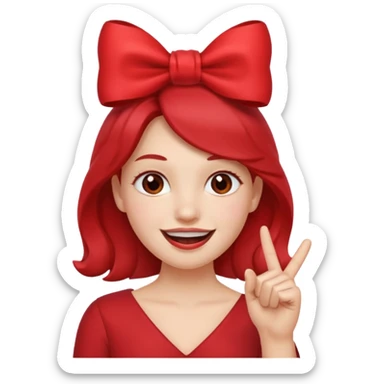 Emoji qui sourire avec le doigt dans la bouche et un noeud dans les cheveux sticker