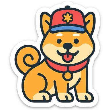 Akita Inu with a curled tail and a hat on its head, keep the current style, transparent background. sticker