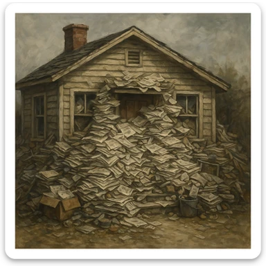 a small house with piles of newspapers and junk blocking the door and windows, symbolizing hoarding, cluttered, messy, chaotic sticker