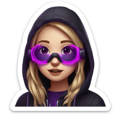 Russian girl student in the black hoody with violet letters "OMG" on it, wearing vr headset. Cyberpunk style. Violet neon. sticker