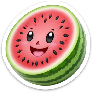 Cute Kawaii Watermelon Slice, juicy and vibrant, soft pastel green rind with pink flesh, tiny black seeds shaped like hearts, an adorable happy face with cute round eyes, bursting with summer energy! sticker
