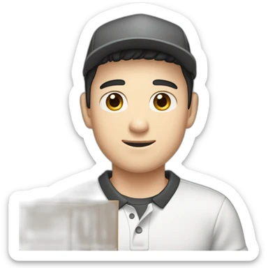 Pale skinned Man with black hair in a white cap and dark gray polo T-shirt with a box into his hands sticker