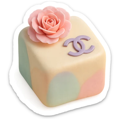 pastel Chanel petit four, with a pink camellia flower and logo sticker