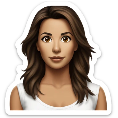 3/4 face, contrasted, shadow, light, Eva Longoria expression, standing from a distance, thin nose, brunette woman, hazel eyes, long eyelashes, dark shoulder shaded hair, white t-shirt, jeans, white sneakers sticker