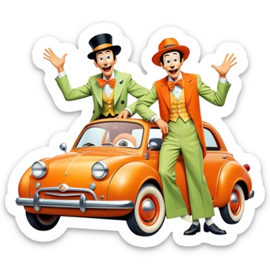 A vintage movie poster-style design with two goofy characters in outrageous outfits, showing exaggerated, silly expressions. Include elements like a goofy car, ridiculous props, and comical facial expressions. Retro comedic style with vibrant colors. Transparent background. sticker