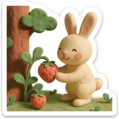bunny picking strawberries in the woods, sweet pastel red, claymation style sticker