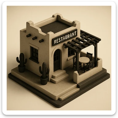 isometric exterior of a little southwestern restaurant, black, beige, and white color palette, dollhouse style, 3D realistic sticker