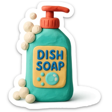 dish soap bottle in claymation style with bubbles and a playful label, pastel palette sticker