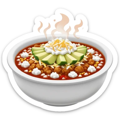 A delicious hot bowl of pozole rojo emoji. Steam rising. Hominy visible. Place the sides next to the bowl: chopped onions, shredded cabbage, lime wedges, red chile de arbol salsa, and full round tostadas with a light smear of sour cream sticker