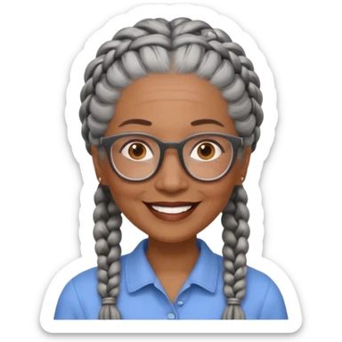 Older woman of color with gray braids, glasses and smiling sticker