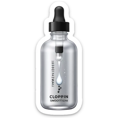 Slim clear dropper bottle with white cap and minimal black text label. Floating above a silver ripple, with icy shimmer rings pulsing outward. Surrounded by tiny frozen sparkles and wrinkle-smoothing energy beams. Looks like a precision anti-aging serum potion — sharp, cold, and potent. sticker