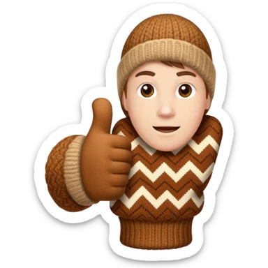 thumbs up fist in brown knit mitten with zig-zag beige pattern sticker