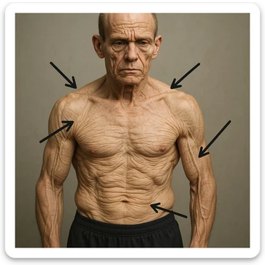 hyper realistic young bodybuilder aged prematurely due to collagen deficiency, well visible muscles, skin with marked wrinkles and loss of tone, arrows pointing to most affected areas, neutral atmosphere sticker