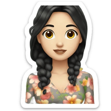 a white girl having black hair wearing floral dress holding flowers sticker