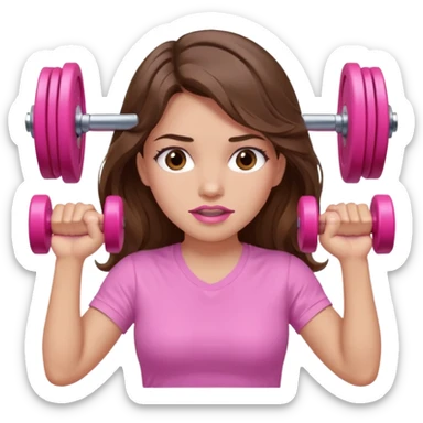 girl with wavy long brown hair, brown eyes, light to medium complexion, long lashes, light pink lipstick, wearing light pink shirt, lifting a pink dumbells sticker