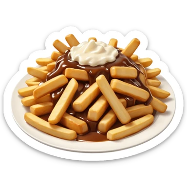 poutine, québec, white cheese curds with gravy on fries in a white plate sticker