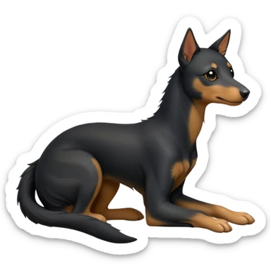 cinematic-[kelpie]-realistic-full-body-sitting-emoji,-tail-resting-loosely-beside-its-paws,-head-tilted-dramatically, -sleek-[Black and tan]-fur,-simplified-yet-realistic-focused-features,-highly-detailed,-glowing-with-an-almost-sarcastic-glow sticker