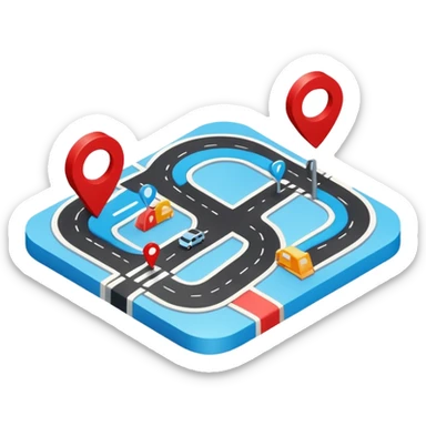 3D navigation map icon, simple curved road, location pin, smooth rounded shapes, Waze style, blue white and black colors, small red accents, clean minimal design, no background sticker