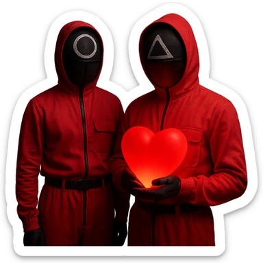Edit the image of two masked guards from Squid Game series in pink jumpsuits. One guard is holding a large glowing red heart that emits soft light, the other is standing beside. Keep the original style, minimal background, and dramatic lighting. Remove the background completely. sticker