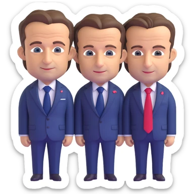 3D chibi caricature of Nicolas Sarkozy and Emmanuel Macron, standing together, oversized heads, small realistic bodies, navy suits, Sarkozy with blue tie, Macron with red tie, realistic faces, soft lighting sticker