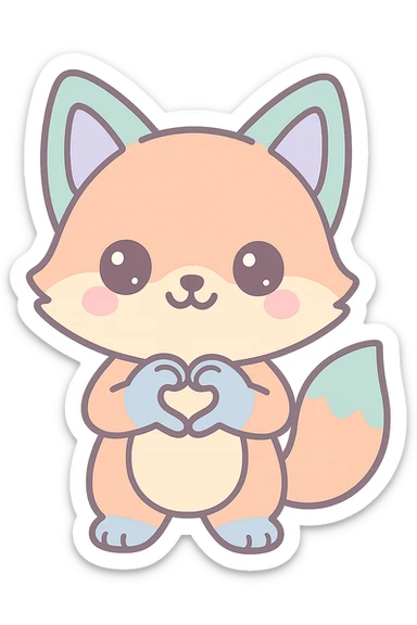kawaii style cute fox making a heart shape with paws, pastel colors, transparent background sticker