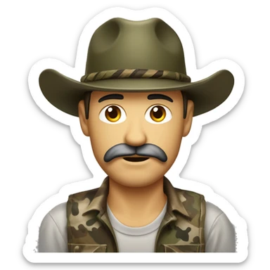 Redneck country man wearing old school camo with a brown mullet and mustache wearing a trucker hat sticker