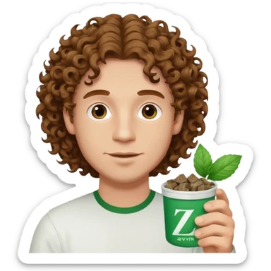 White Man with pretty Curley brown hairholding Zyn spearmint snus sticker