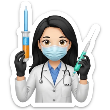 laboratorista con guantes  y mascarilla e insumos laboratorio  jeringa tubos  pelo negro largo triguella sticker