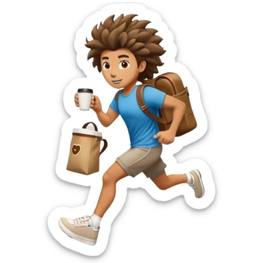 cartoon character with wild hair, running with coffee and bag, urban setting sticker
