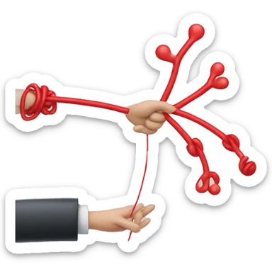 A hand manipulating a puppet with red wires linking the fingers to the puppet's limbs. sticker